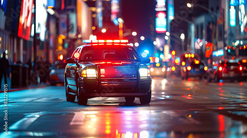 Police vehicle with sirens on patrolling city streets under nighttime lights photo