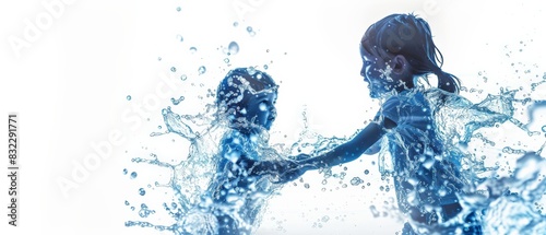 children playing in water on white background