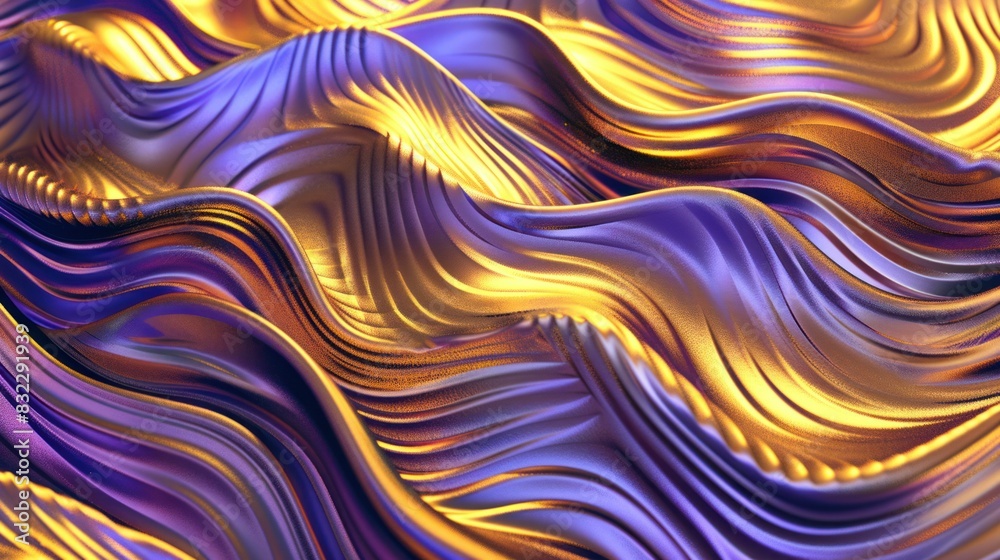 photograph of A 3D background with wavy golden and purple metallic textures. Generative AI. cool color --no defocus photograph of A 3D background with wavy golden and purple metallic textures. Generative AI. cool color --no defocus