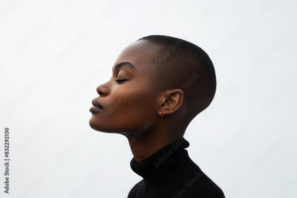 A woman with her eyes closed, peacefully meditating in a black top. A woman with her eyes closed, peacefully meditating in a black top.