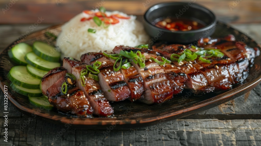 A plate of grilled pork neck slices served with dipping sauce, cucumber slices, and sticky rice, on a rustic wooden table A plate of grilled pork neck slices served with dipping sauce, cucumber slices, and sticky rice, on a rustic wooden table