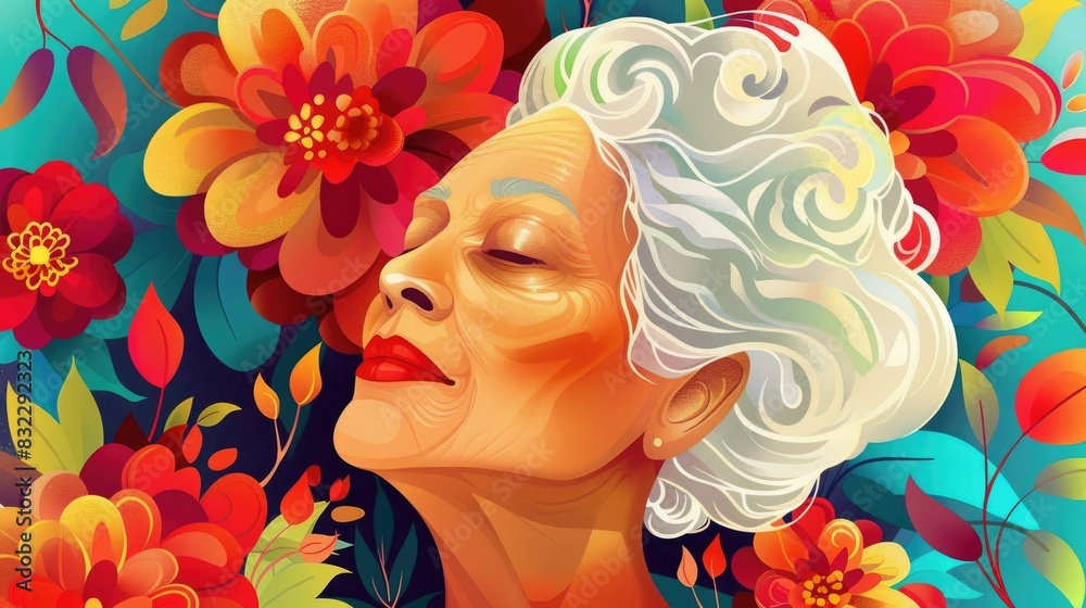 Mature woman s radiant portrait embraced by vibrant floral patterns showcasing the quiet dignity and grace of aging supported by targeted cosmetic treatments