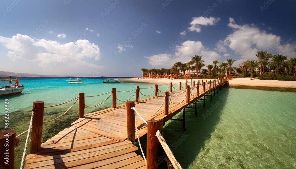 wooden pier at orange bay beach with crystal clear azure water and white beach paradise coastline of giftun island mahmya hurghada red sea egypt