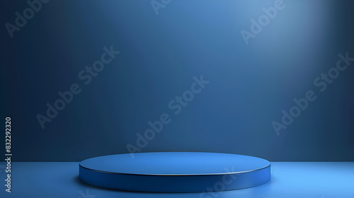 Scene with blue color podium presentation in minimalism style with copy space, 3d render abstract background design,Abstract round podium illuminated with neon light,Podium with blue neon light