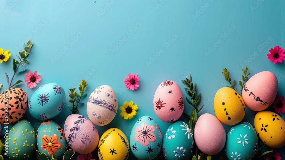 The easter eggs decoration frame on a bright background is a copyspace super-resolution micrograph taken in the dark