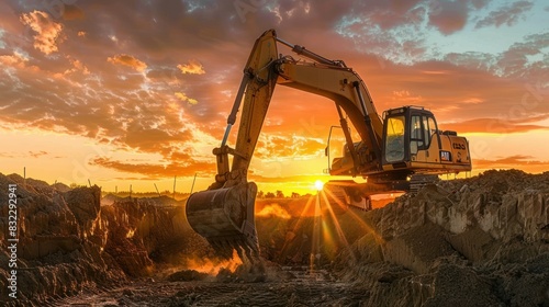 Construction site with infrastructure work or mining  a heavy machine excavator working at sunset for a contractor on a construction site with infrastructure work or mining
