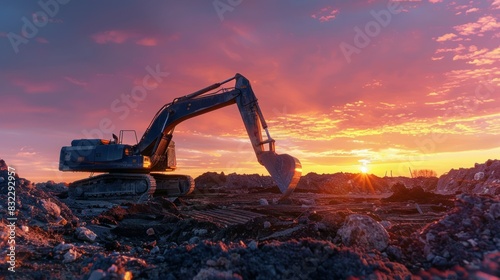 Construction site with infrastructure work or mining, a heavy machine excavator working at sunset for a contractor on a construction site with infrastructure work or mining