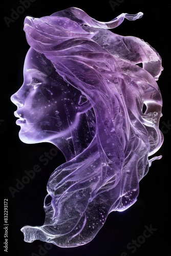 Female face made of glass, semi-transparent with a slight colour gradient on a black background 