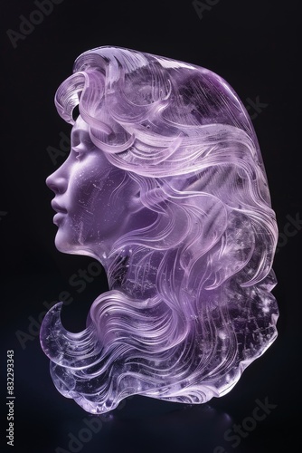 Female face made of glass or ice, semi-transparent with a slight coloring gradient on a black background 