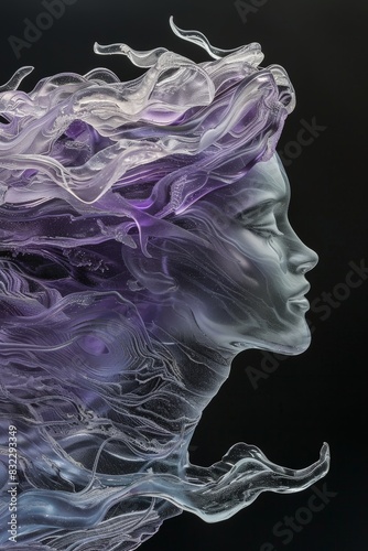 Female face made of glass, semi-transparent with a slight colour gradient on a black background 
