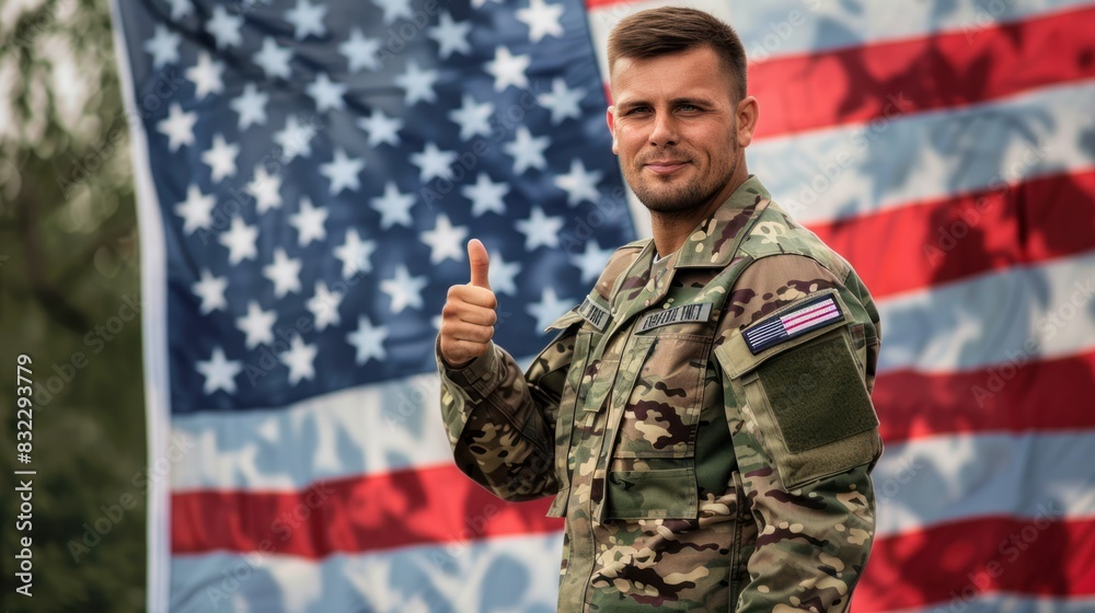 Man in military uniform gives thumbs up to camera on gray-black background Man in military uniform gives thumbs up to camera on gray-black background