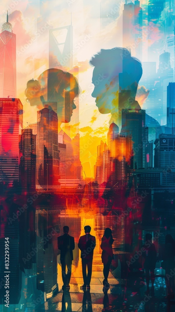 custom made wallpaper toronto digitalSilhouettes of people with cityscape and sunset double exposure urban concept