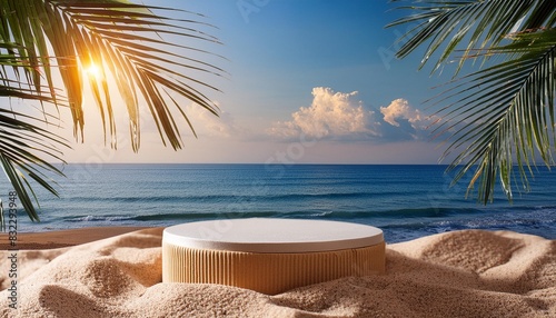 summer tropical background podium on sand beach on sea background mock up for the exhibitions presentation of products 3d render