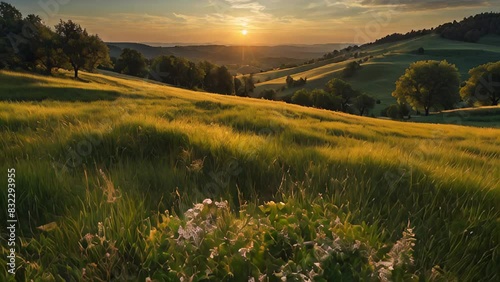 A field of grass with a few flowers in the foreground