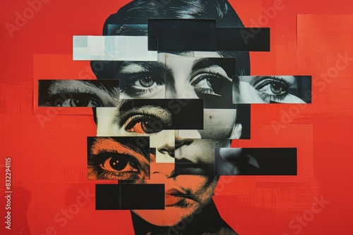 Surreal collage of multiple faces and eyes on a red background photo