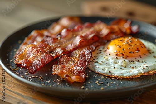 Bacon and Eggs - Crispy bacon and sunny-side-up eggs on a plate. 