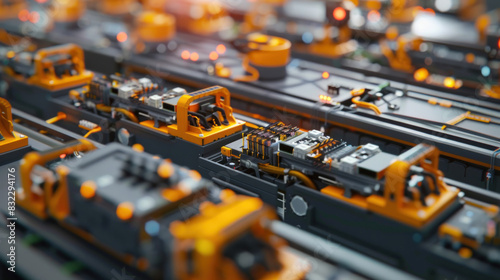 Industrial scene of a high-tech factory producing lithium-ion battery modules for EVs and hybrid cars, illustrating the efficiency and scale of modern battery manufacturing.