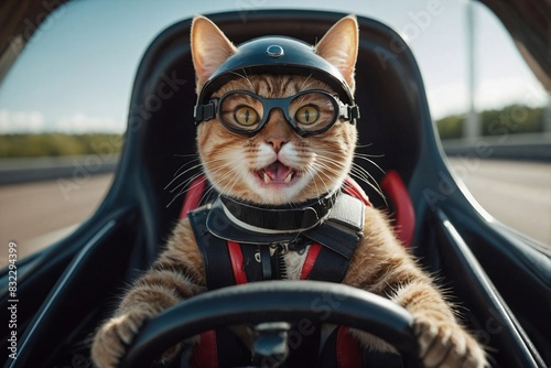 Fantasy image of a cat in a racing helmet and goggles, gripping the steering wheel of a miniature car, eyes wide with excitement © AungMyintMyat
