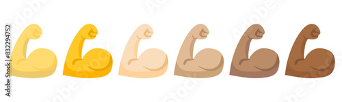 Muscle icon set, flexed bicep arm icon hand emoji. Feats of strength sign - Biceps musclar arm icon - Flexing arm muscles, strong icons