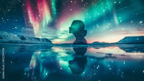 Aurora borealis, starry night, frozen lake, close up, focus on, copy space, bright colors, Double exposure silhouette with reflection