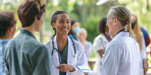 A cheerful female doctor with a stethoscope is conversing with her medical colleagues outside