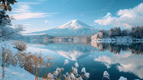 Majestic view of Mount Fuji by Lake Kawaguchi in winter, blanketed in snow with the serene lake reflecting the iconic peak under a clear blue sky. photo