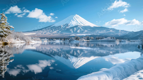 Majestic view of Mount Fuji by Lake Kawaguchi in winter, blanketed in snow with the serene lake reflecting the iconic peak under a clear blue sky.