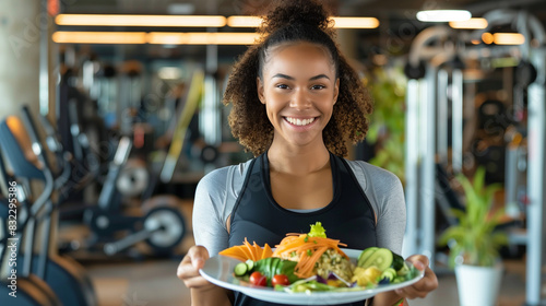 Fitness trainer holding a plate of balanced meals with fresh vegetables  smiling in a gym setting  promoting healthy eating and an active lifestyle