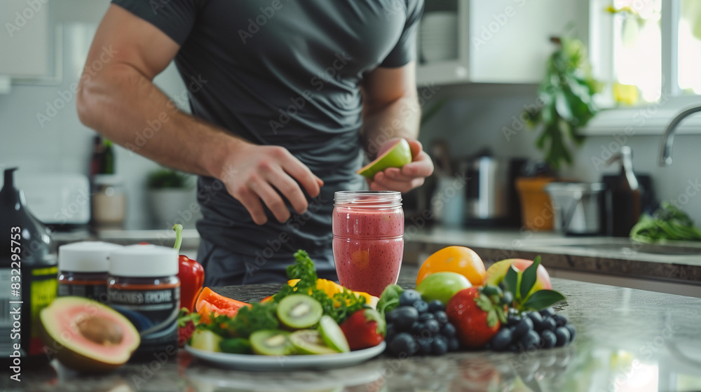 Athlete preparing a smoothie with fresh fruits and vegetables in a modern kitchen, showcasing the importance of nutrition in fitness and wellness Athlete preparing a smoothie with fresh fruits and vegetables in a modern kitchen, showcasing the importance of nutrition in fitness and wellness