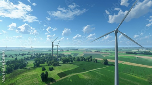 Wind turbines generating power for a sustainable farm, set against a backdrop of green fields and blue skies, in a photorealistic style. --ar 16:9 --style raw
