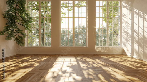 Minimalist room with large windows  sunlight and leaf shadows on the walls  and an empty wooden parquet floor  creating a warm  inviting mock-up setting.