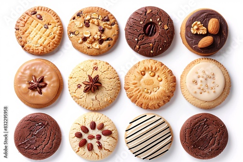 Assortment of circular biscuits, traditional and nut variety, on blank white background. Multiple diverse patterns. Template for creating artwork.