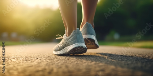 Close-up of runner's feet on a road during sunrise, capturing the essence of early morning exercise and the determination of a fitness journey
