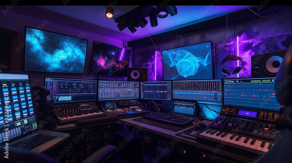 Obraz premium An electronic music producer's home studio, with a digital audio workstation and multiple displays, creating complex soundscapes and beats.