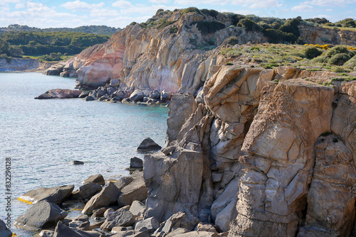 Rocky coast the southern part of the San Pietro island, cliffs of Colonne di Carloforte, small island near Sardinia