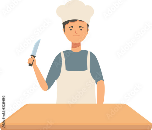 Cartoon of a young chef with a knife standing by a wooden chopping board