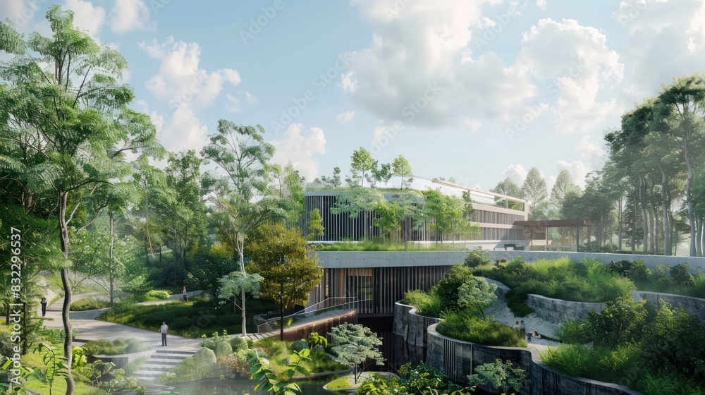 Power plant designed with environmental sustainability in mind, surrounded by trees and natural greenery, promoting low carbon energy solutions. Power plant designed with environmental sustainability in mind, surrounded by trees and natural greenery, promoting low carbon energy solutions.