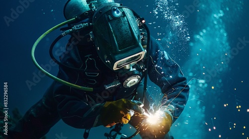 Underwater welder performing welding and cutting tasks in close proximity. photo