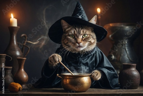 Fantasy image of cat witch dressed in a flowing robe and pointed hat