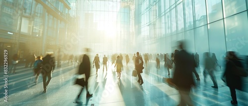 Long exposure shot of crowd of business people walking in bright office lobby fast moving with blurry