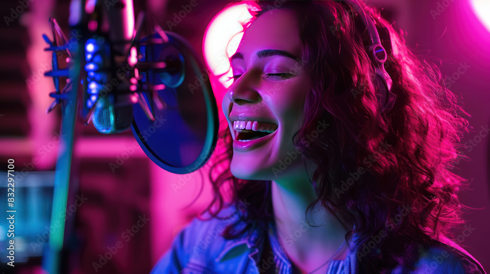 Radiant young woman recording a live radio show, filled with laughter and cheer, enveloped in a studio with neon purple lighting, exuding a lively and engaging vibe. Radiant young woman recording a live radio show, filled with laughter and cheer, enveloped in a studio with neon purple lighting, exuding a lively and engaging vibe.