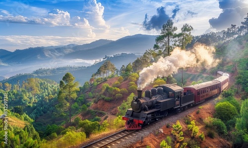 A classic steam locomotive that glides through a beautiful landscape. photo