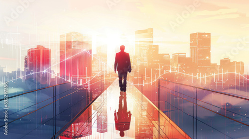 Silhouette of a businessman walking over a financial graph bridge, with a modern city skyline in the background, illustrating success and ambition.
