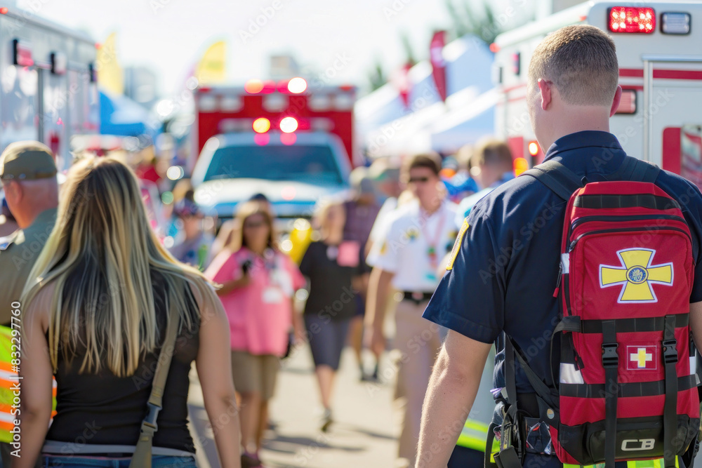 Emergency Paramedics Navigating Through Crowded Event with Ambulance in Background Emergency Paramedics Navigating Through Crowded Event with Ambulance in Background