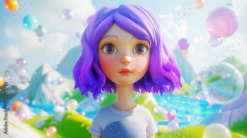 Cute Female Character with Purple Hair in a Vibrant Fantasy Landscape. Cute girl in wonderland. Concept of creativity, dreamlike, colorful design, imaginative art