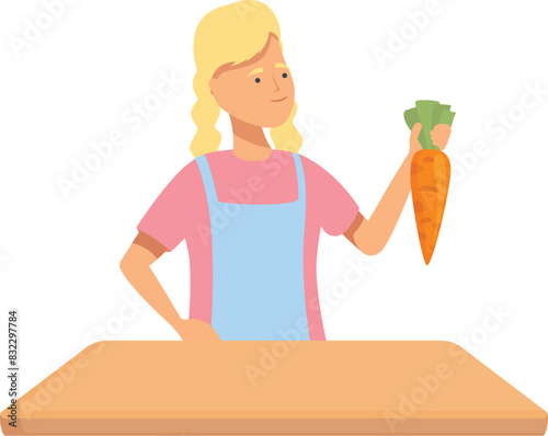 Cheerful woman stands at the kitchen counter holding a fresh carrot