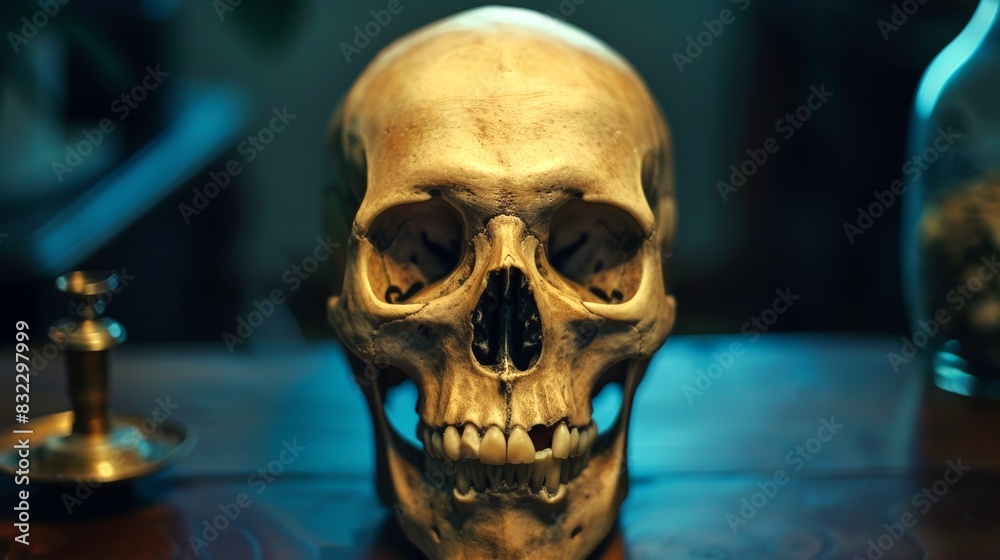 Skull on a wooden table with ambient lighting. Concept of anatomy, human skull, skeletal system, and macabre art. Halloween