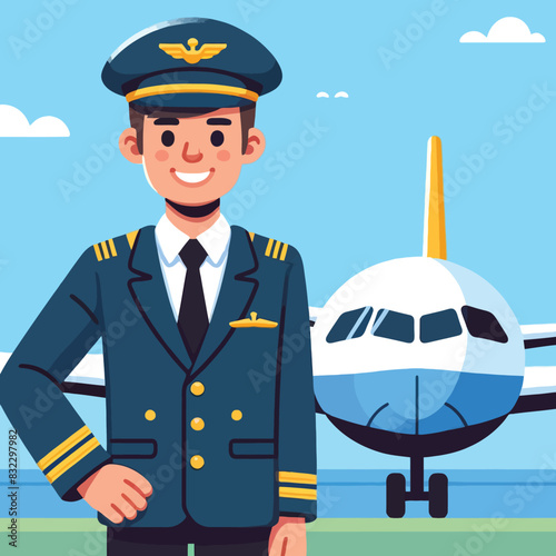 Cartoon of a pilot with an airplane at the airport