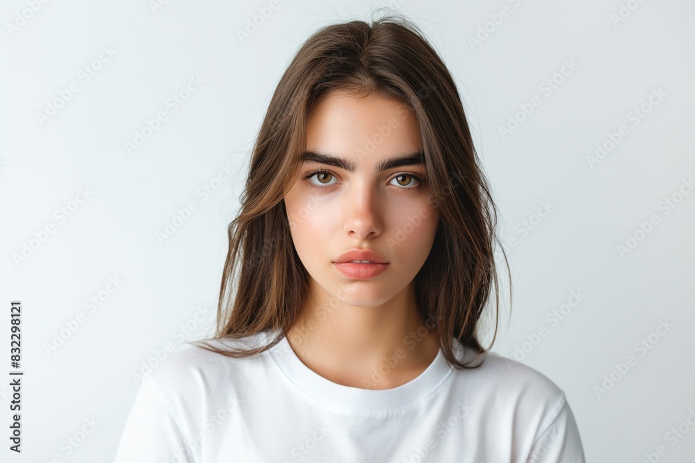 Young woman with raised eyebrow, looking at the camera isolated over a white background Young woman with raised eyebrow, looking at the camera isolated over a white background