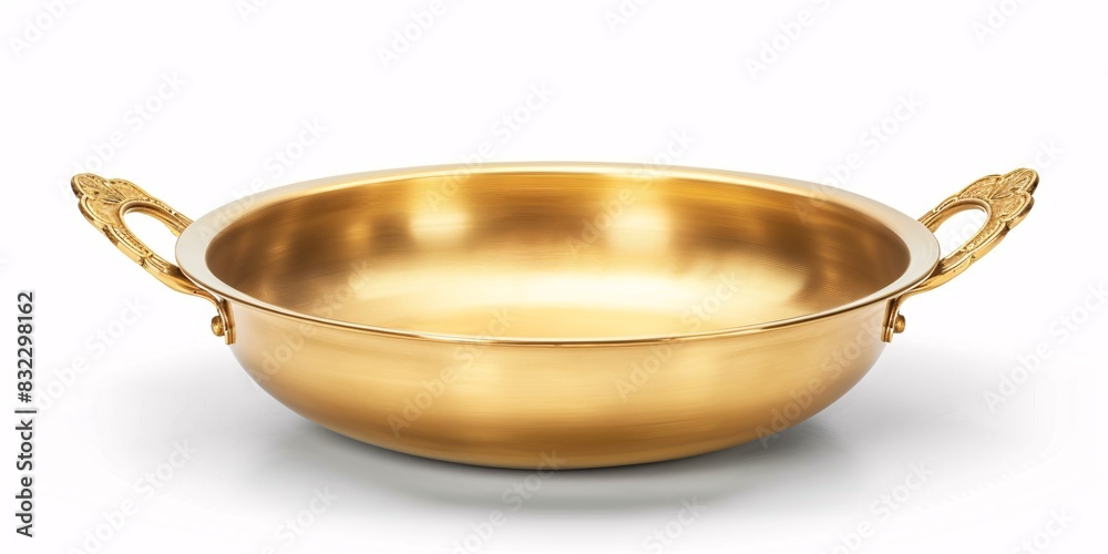 A blank, metallic vessel with handles, isolated on a white background, serving as a template for a food advertisement. A blank, metallic vessel with handles, isolated on a white background, serving as a template for a food advertisement.